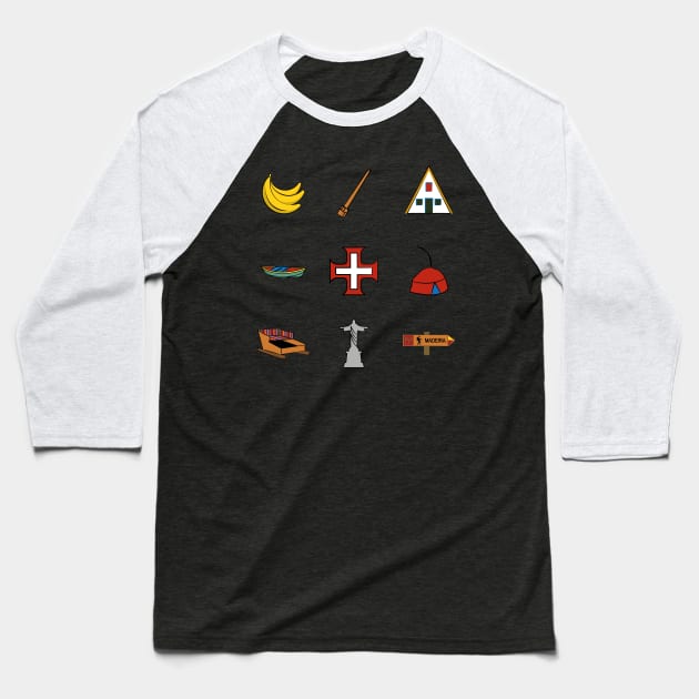 Madeira Island icons: Bananas, Poncha, Santana House, Fishing Boat, Cross, Folklore Hat, Toboggan Ride, Christ the Redeemer and Recommended Walking Route sign (PR) in colour Baseball T-Shirt by Donaby